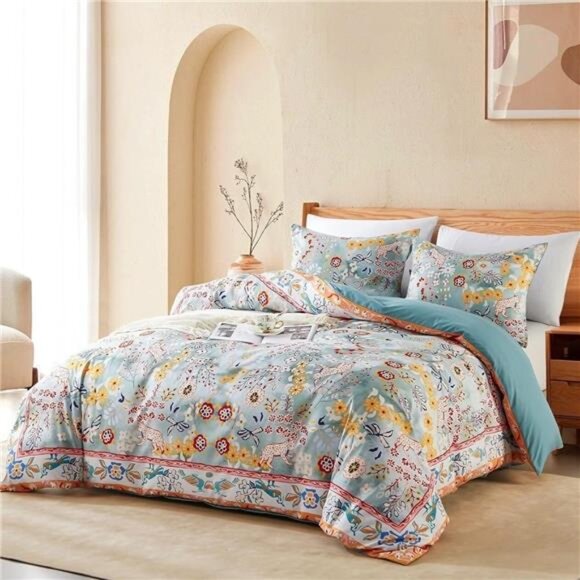 NEW Anthro Blue Jungle Multicolor Boho Queen / King Bedding Duvet & Sham Case - Picture 4 of 14